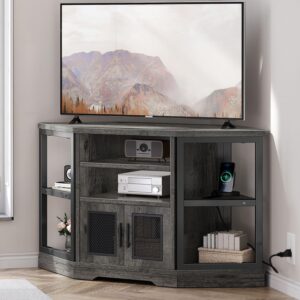 yitahome corner tv stand for tvs up to 55 inch with power outlet, modern farmhouse entertainment center, wood tv media console with storage cabinets shelves for living room bedroom, gray oak