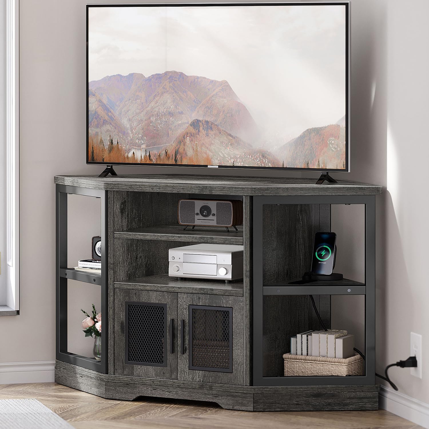 YITAHOME Corner TV Stand for TVs up to 55 Inch with Power Outlet, Modern Farmhouse Entertainment Center, Wood TV Media Console with Storage Cabinets Shelves for Living Room Bedroom, Gray Oak