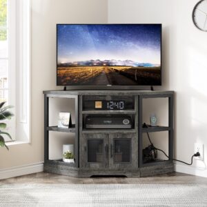 YITAHOME Corner TV Stand for TVs up to 55 Inch with Power Outlet, Modern Farmhouse Entertainment Center, Wood TV Media Console with Storage Cabinets Shelves for Living Room Bedroom, Gray Oak