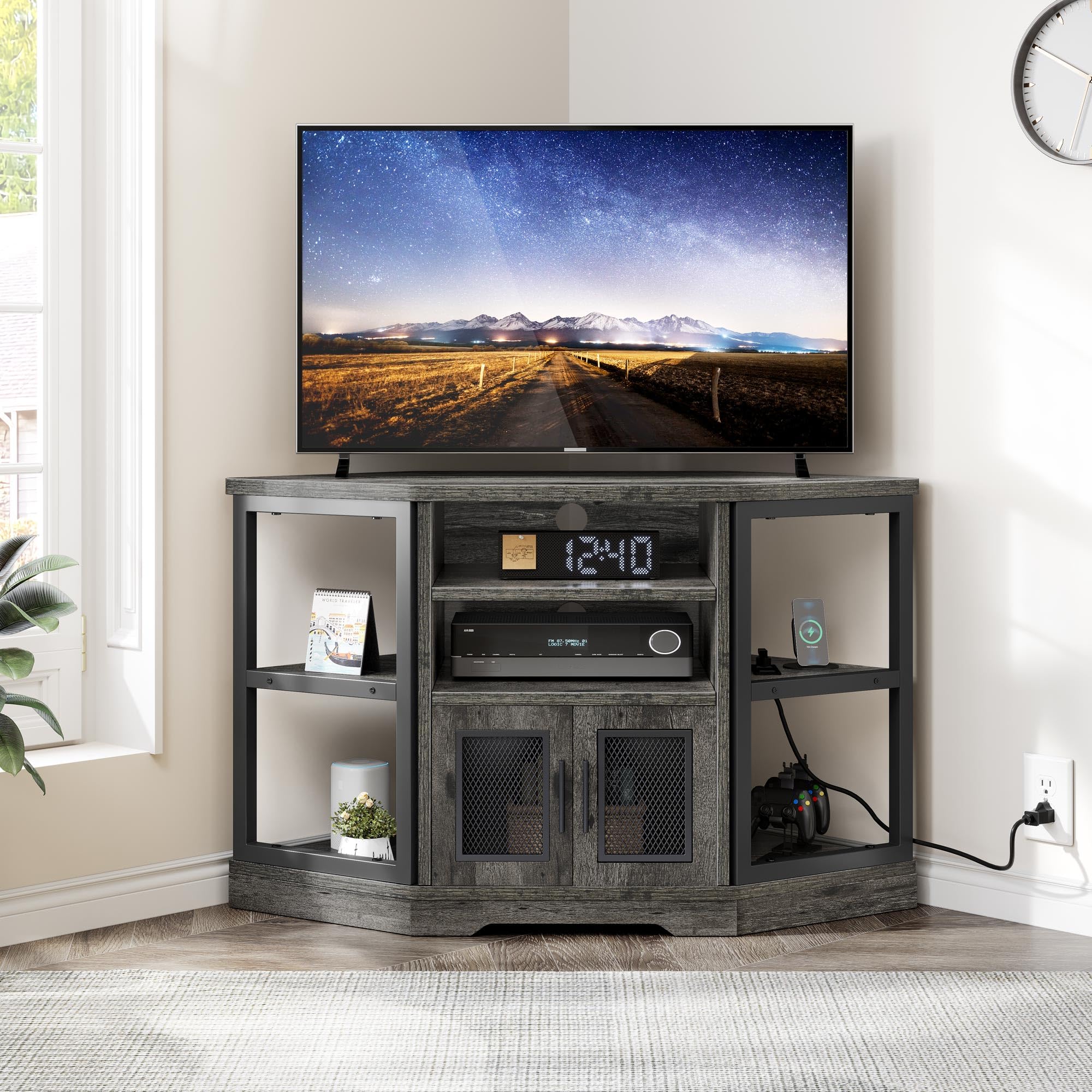 YITAHOME Corner TV Stand for TVs up to 55 Inch with Power Outlet, Modern Farmhouse Entertainment Center, Wood TV Media Console with Storage Cabinets Shelves for Living Room Bedroom, Gray Oak