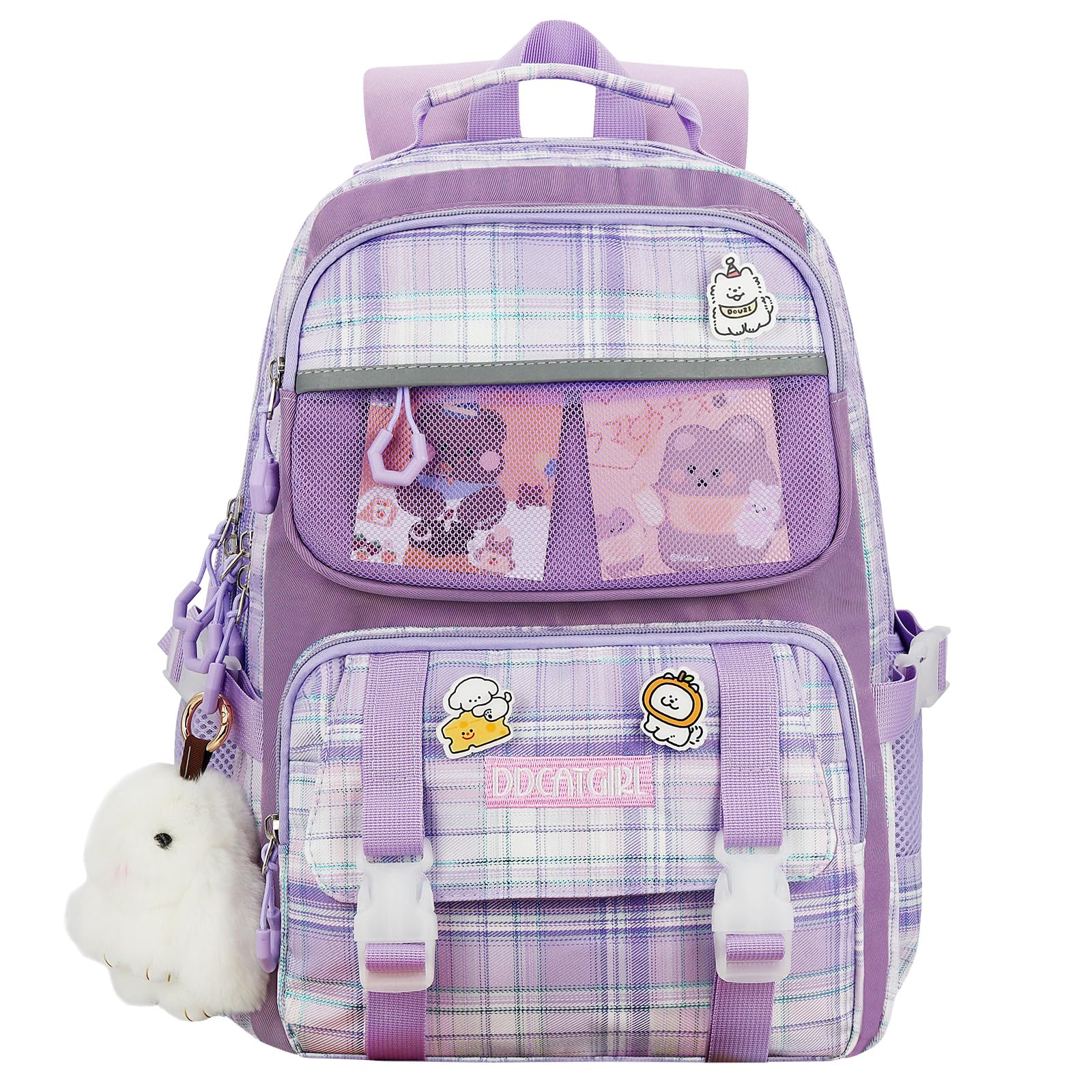 AoMoon Cute Backpack for Girls Kawaii Backpack Functional Bookbag Plaid Daypack Aesthetic Backpack for School with Cute Accessories (Purple)