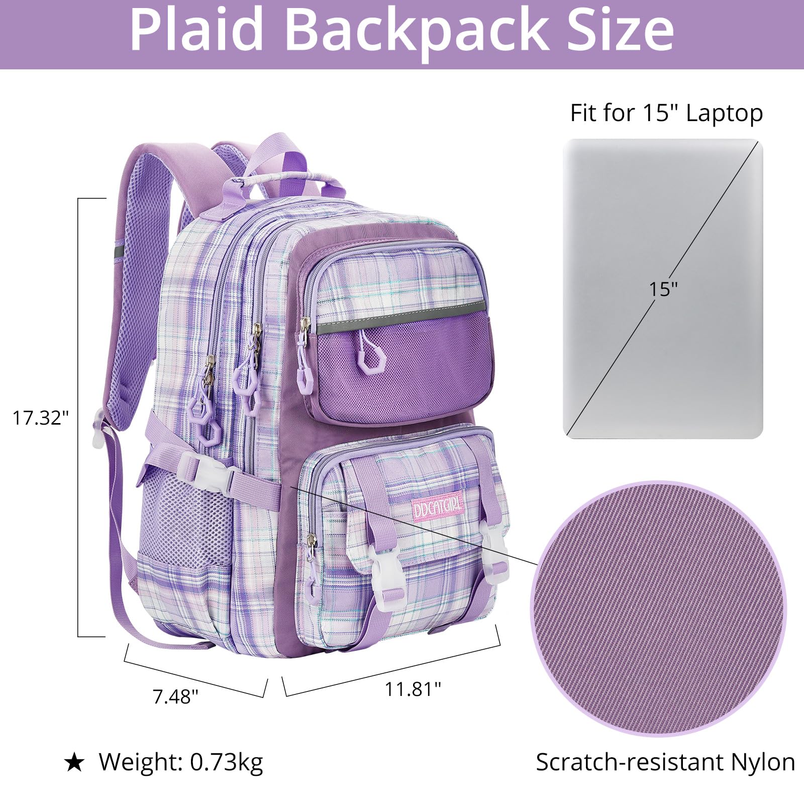 AoMoon Cute Backpack for Girls Kawaii Backpack Functional Bookbag Plaid Daypack Aesthetic Backpack for School with Cute Accessories (Purple)