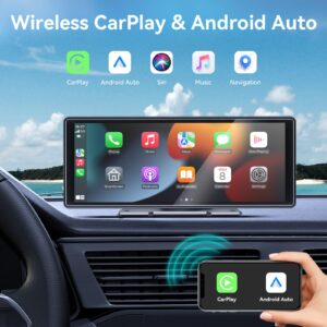 10.3 Inch Portable Carplay Screen for Car with Wireless Carplay and Android Auto,IPS Touch Screen Portable Car Stereo with Bluetooth, Mirror Link, GPS Navigation