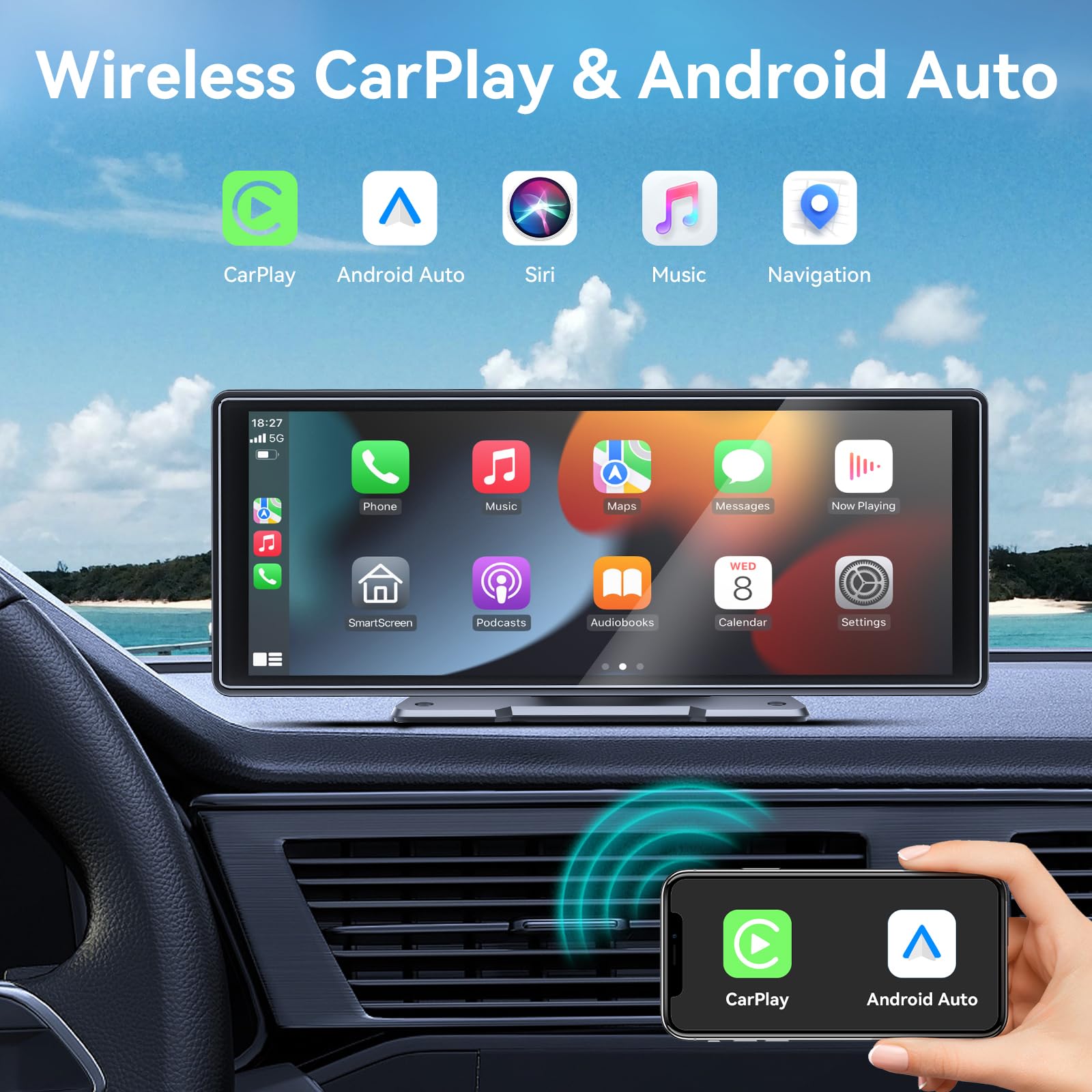 10.3 Inch Portable Carplay Screen for Car with Wireless Carplay and Android Auto,IPS Touch Screen Portable Car Stereo with Bluetooth, Mirror Link, GPS Navigation