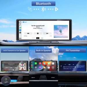 10.3 Inch Portable Carplay Screen for Car with Wireless Carplay and Android Auto,IPS Touch Screen Portable Car Stereo with Bluetooth, Mirror Link, GPS Navigation