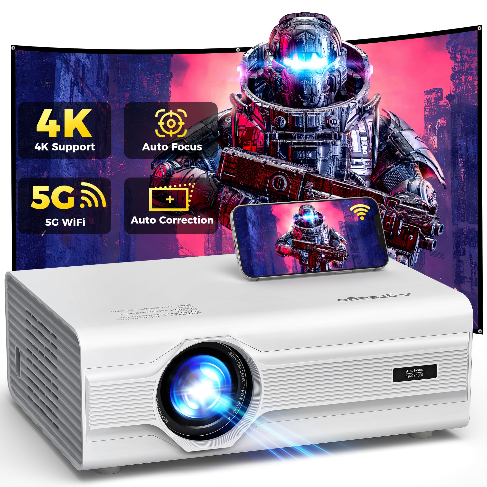 [Auto Focus/Keystone] Projector with WiFi 6 and Bluetooth 5.2, 600 ANSI Native 1080P 4K Supported, Agreago Outdoor Projector with Screen, Movie Projector Compatible with HDMI/USB/TV Stick