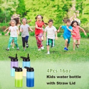 Kids Water Bottle with Straw Lid & Handle, 4 Pack 16oz Personalized Water Bottles Bulk, Dishwasher Safe, Leak Proof DIY Gift for Girls Boys to School Sports Travel Camping, Mixed Gradient Color Set