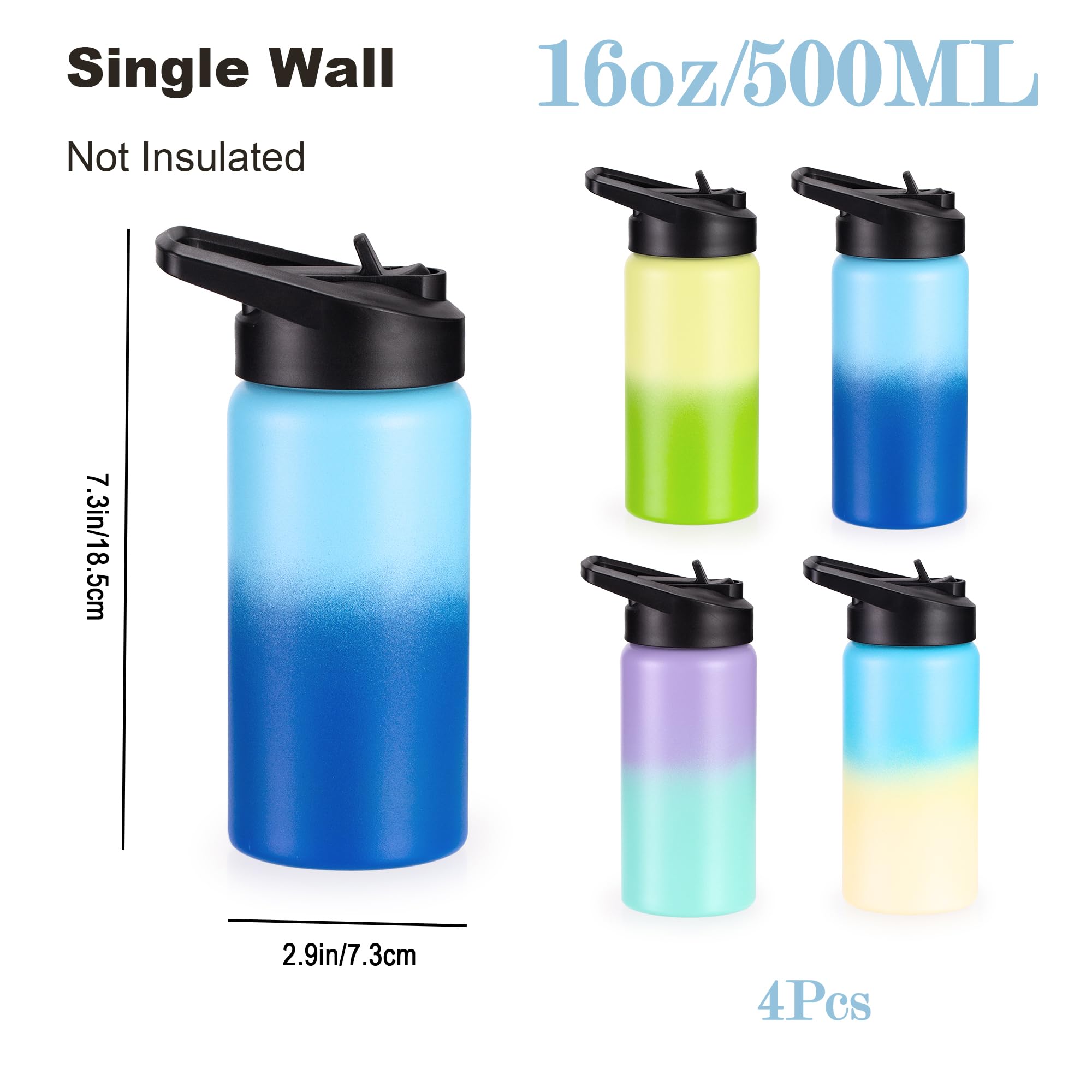 Kids Water Bottle with Straw Lid & Handle, 4 Pack 16oz Personalized Water Bottles Bulk, Dishwasher Safe, Leak Proof DIY Gift for Girls Boys to School Sports Travel Camping, Mixed Gradient Color Set