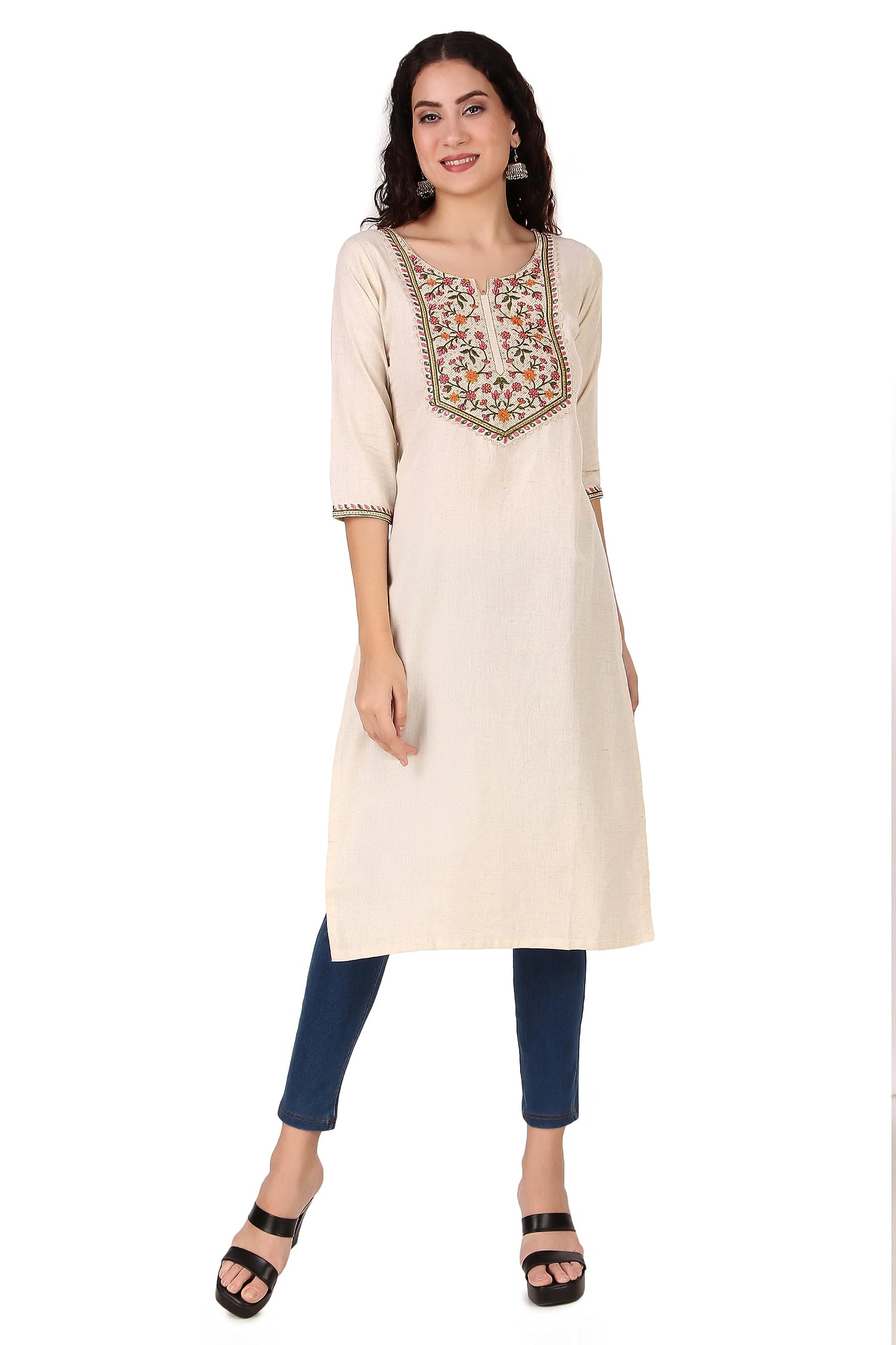 ladyline Rich Khadi Cotton Womens Tunic Top Multi Embroidered Kurti Kurta Dress (CEK SHKH690) (50/Cream)