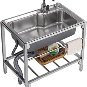 Commercial Restaurant Sink Set Free Standing Stainless-Steel Single Bowl w/Faucet,Utility Washing Hand Basin w/Storage Shelve, laundry tub for Indoor Outdoor L26.7"x H33.46"xW17.3"