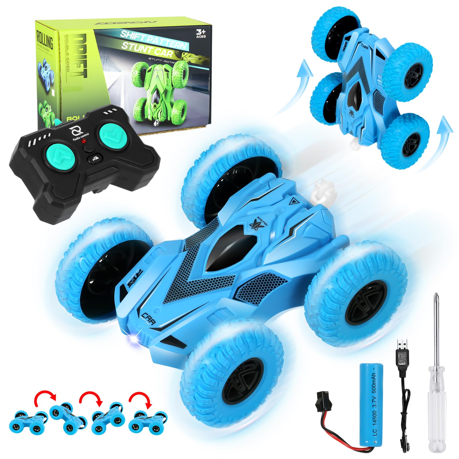 RC Stunt Cars RC Cars with Lights UP 4WD 2.4Ghz Double Sided 360° Rotating RC Truck Cool Surprise for 6 Year Old Boy Gifts Kids Xmas Toy Cars for Boys Girls(Blue)