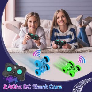 RC Stunt Cars RC Cars with Lights UP 4WD 2.4Ghz Double Sided 360° Rotating RC Truck Cool Surprise for 6 Year Old Boy Gifts Kids Xmas Toy Cars for Boys Girls(Blue)