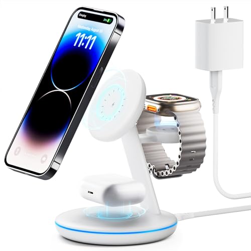 3 in 1 Charging Station for Apple Devices, Mag - Safe Charger Stand,15W Fast Magnetic Charger Wireless Compatible for iPhone 15 14 13 12 Pro/Max/Plus/Mini,AirPods Pro/3/2,iWatch 9/8/7/6/SE/5/4/3/2