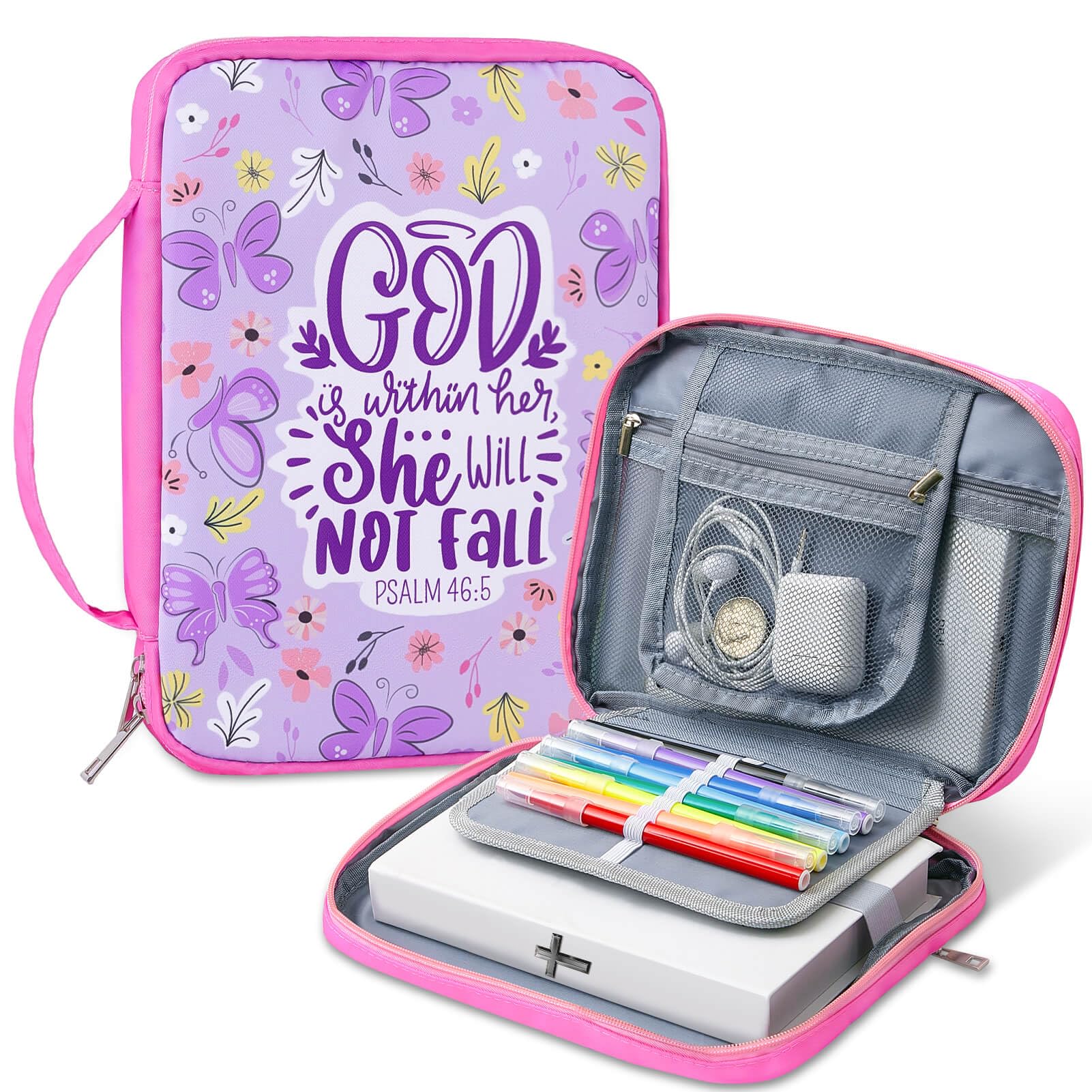 Pink Dino Bible Covers for Women Girls, Large Bible Case with Multiple Zippered Pocket Bible Carrying Bag with Removable Pen Slots for Bible Study,Purple