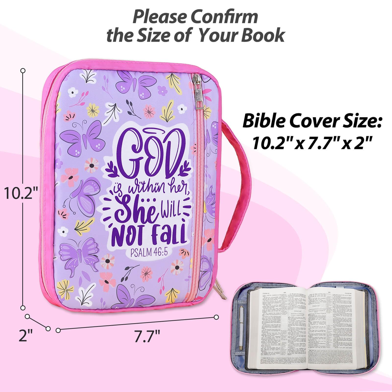 Pink Dino Bible Covers for Women Girls, Large Bible Case with Multiple Zippered Pocket Bible Carrying Bag with Removable Pen Slots for Bible Study,Purple