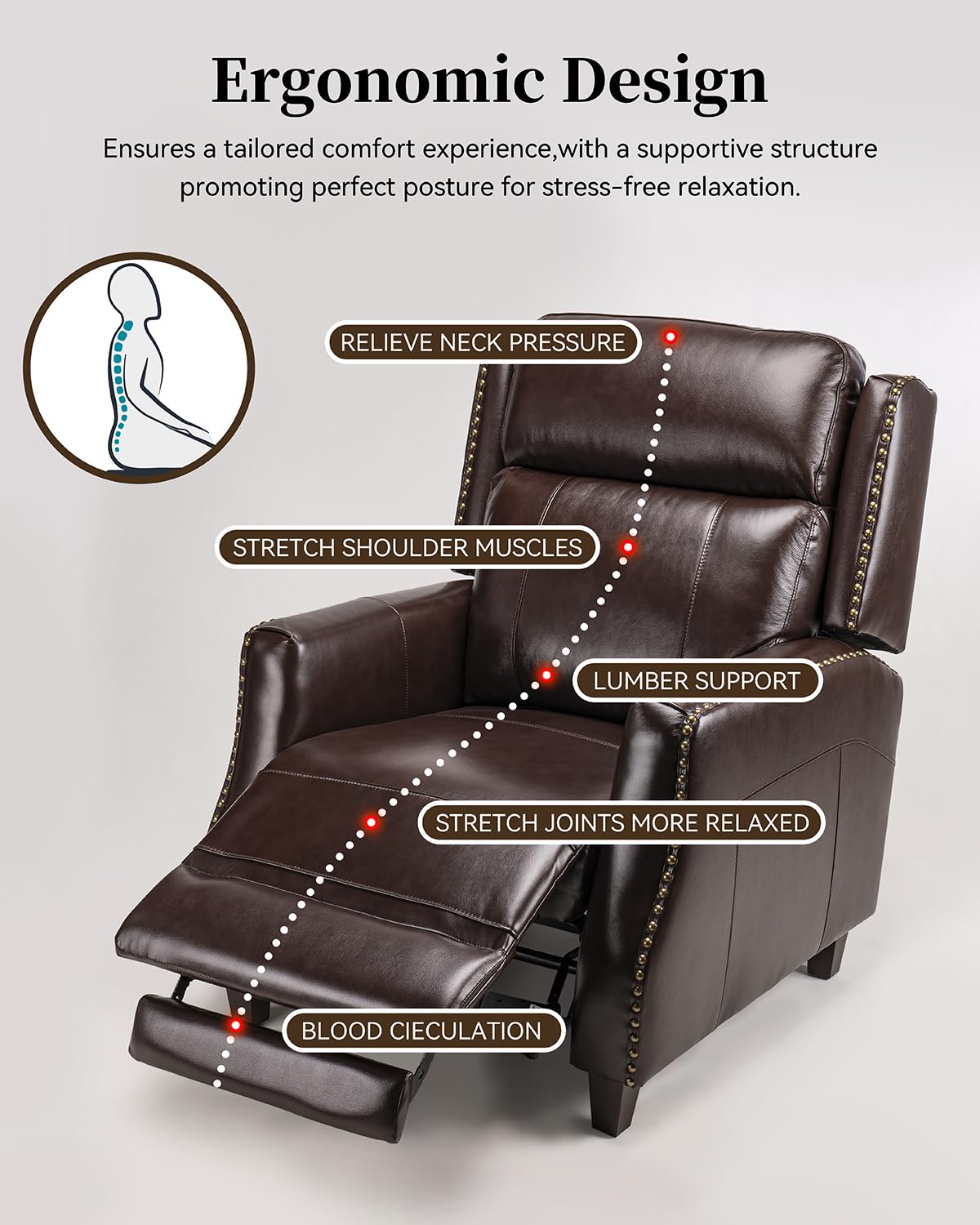 Genuine Leather Recliner Chair, Lounge Chair Built-in High Elastic Sponge, Power Recliner Chair for Living Room, Home Theater, Bedroom, Office - Dark Brown