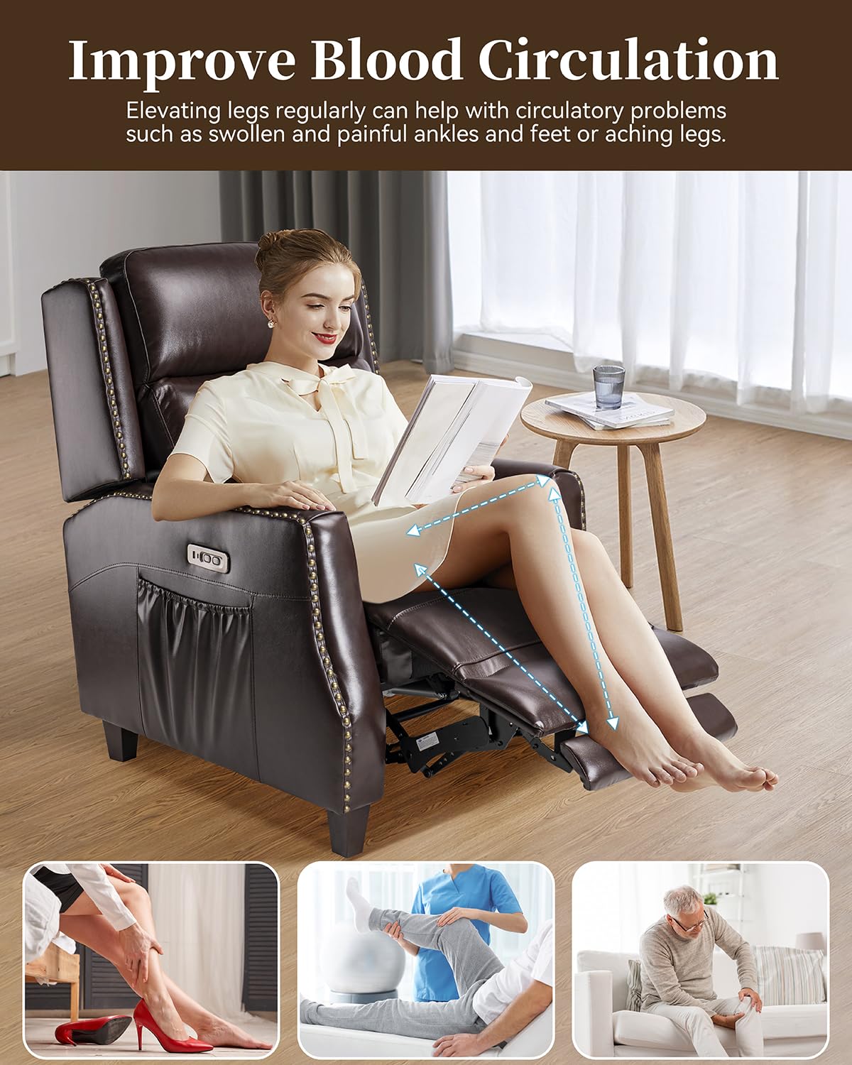 Genuine Leather Recliner Chair, Lounge Chair Built-in High Elastic Sponge, Power Recliner Chair for Living Room, Home Theater, Bedroom, Office - Dark Brown