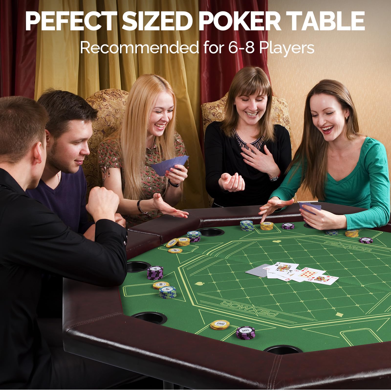 PEXMOR Foldable Poker Table, 8 Player Octagonal Folding Texas Holdem Blackjack Table w/Casino-Grade Felt, Water-Resistant Cushioned Rail, 8 Cup Holders, Portable Collapsible Legs Casino Game Table