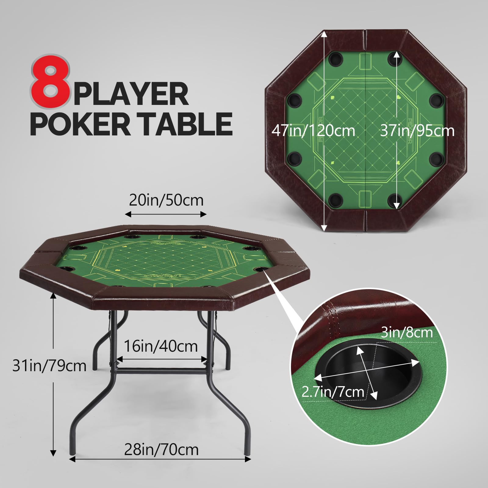 PEXMOR Foldable Poker Table, 8 Player Octagonal Folding Texas Holdem Blackjack Table w/Casino-Grade Felt, Water-Resistant Cushioned Rail, 8 Cup Holders, Portable Collapsible Legs Casino Game Table