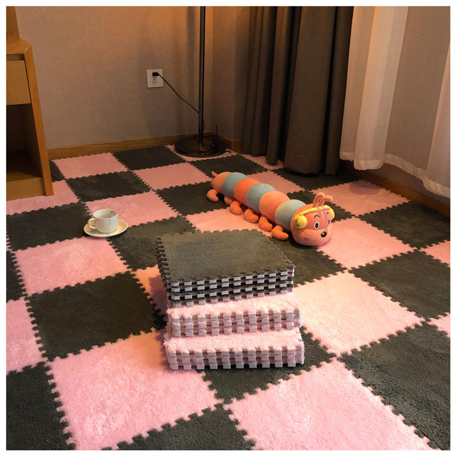 Thicken Modular Interlocking Carpet,12x12x0.4in Square EVA Foam Floor Mats Soft Fluffy Area Rugs for Bedroom, Anti-Slip Play Exercise Tiles Mats(Size:32pcs,Color:Dark Gray + Pink)