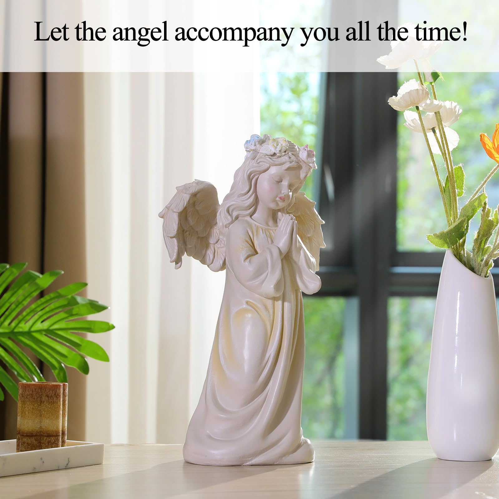 Kssiaz Angel Garden Statue,Memory Guardian Solar Garden Decor with Warm Light,Waterproof Outdoor Garden Decor Praying Angel Figurine Sculpture for Lawn Yard Patio,Sympathy Gift,White