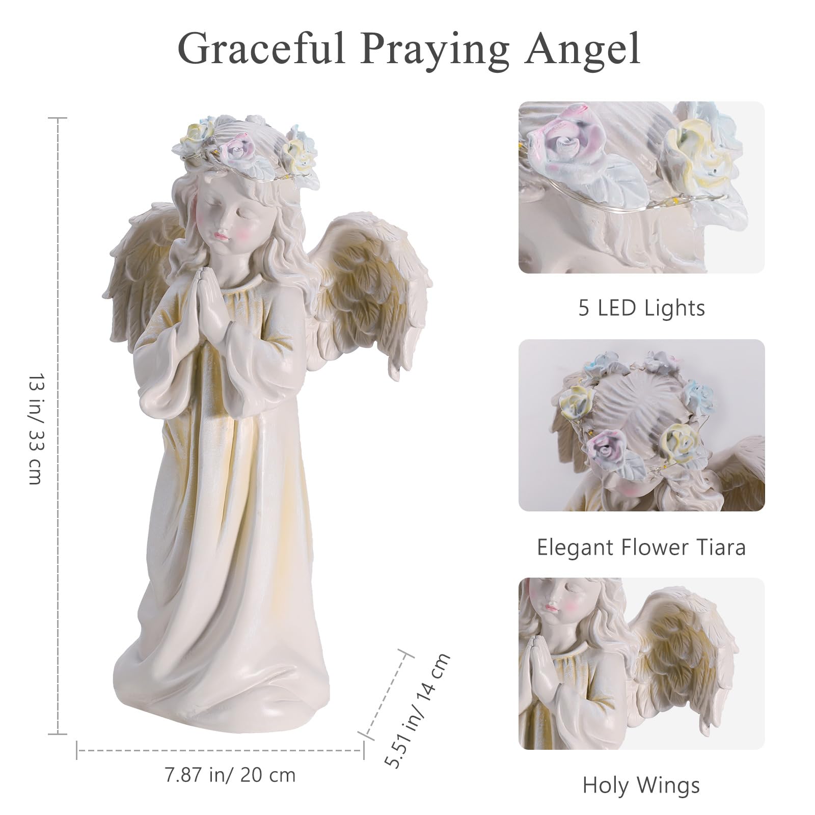 Kssiaz Angel Garden Statue,Memory Guardian Solar Garden Decor with Warm Light,Waterproof Outdoor Garden Decor Praying Angel Figurine Sculpture for Lawn Yard Patio,Sympathy Gift,White