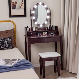 GOFLAME Vanity Table Set with Rotatable Mirror, Makeup Vanity Desk with 3-Color Dimmable LED Lights, 3 Drawers and Cushioned Stool, Dressing Table Set for Bedroom Studio (Brown)