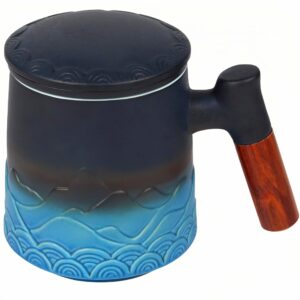 teevea tea cup with infuser and lid, ceramic steeping mug with rosewood handle, 15.2 ounces loose leaf tea cup,black & blue