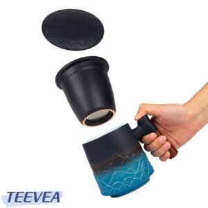 TEEVEA Tea Cup with Infuser and Lid, Ceramic Steeping Mug with Rosewood Handle, 15.2 Ounces Loose Leaf Tea Cup,Black & Blue