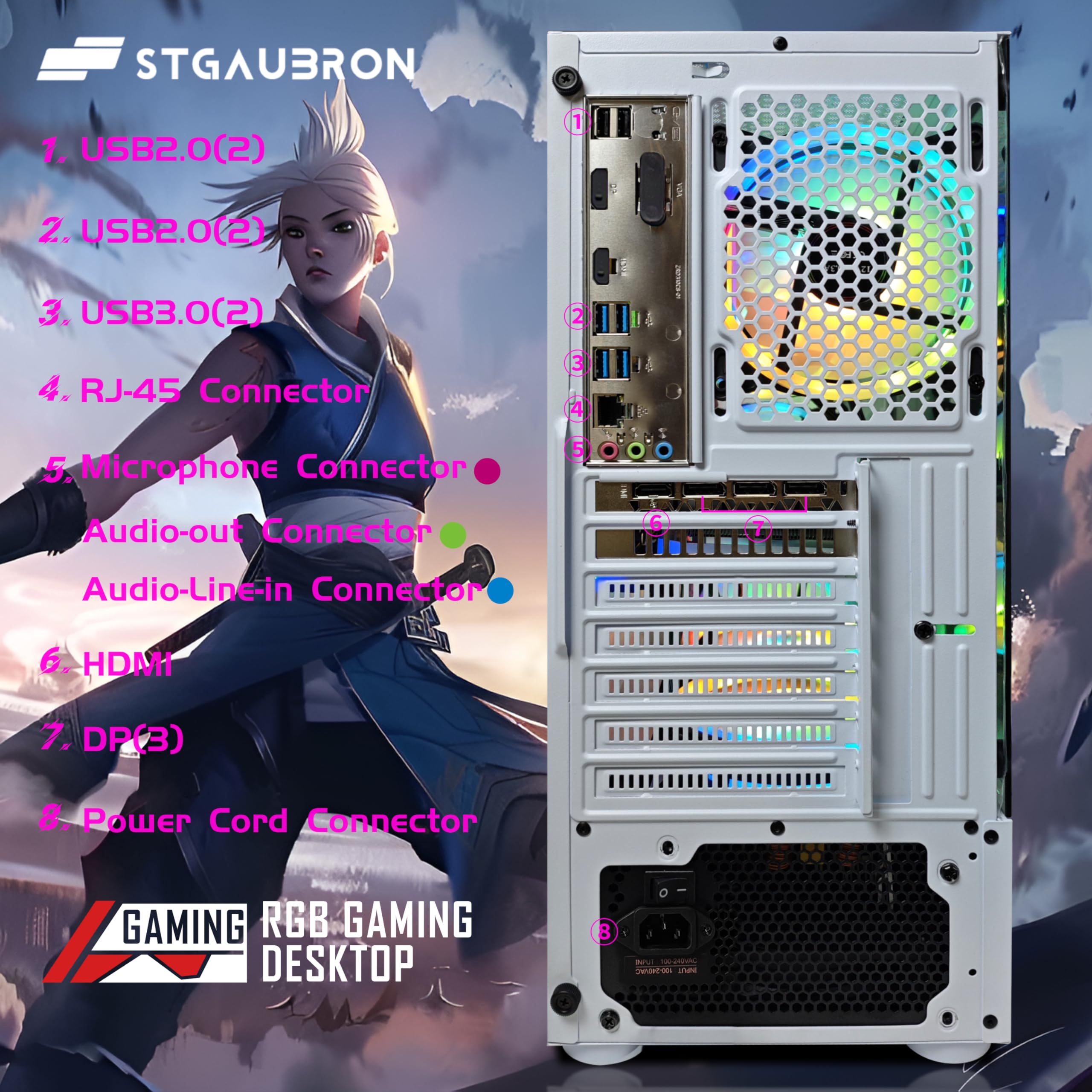 STGAubron Gaming Desktop PC, Intel Core i7-6700 up to 4.0G, 32G DDR4, 1T SSD, GeForce RTX 3060 Ti 8G GDDR6, 600M WiFi, BT 5.0, RGB Fan x 4, RGB Keyboard & Mouse & Mouse Pad, RGB BT Sound Bar, W10H64