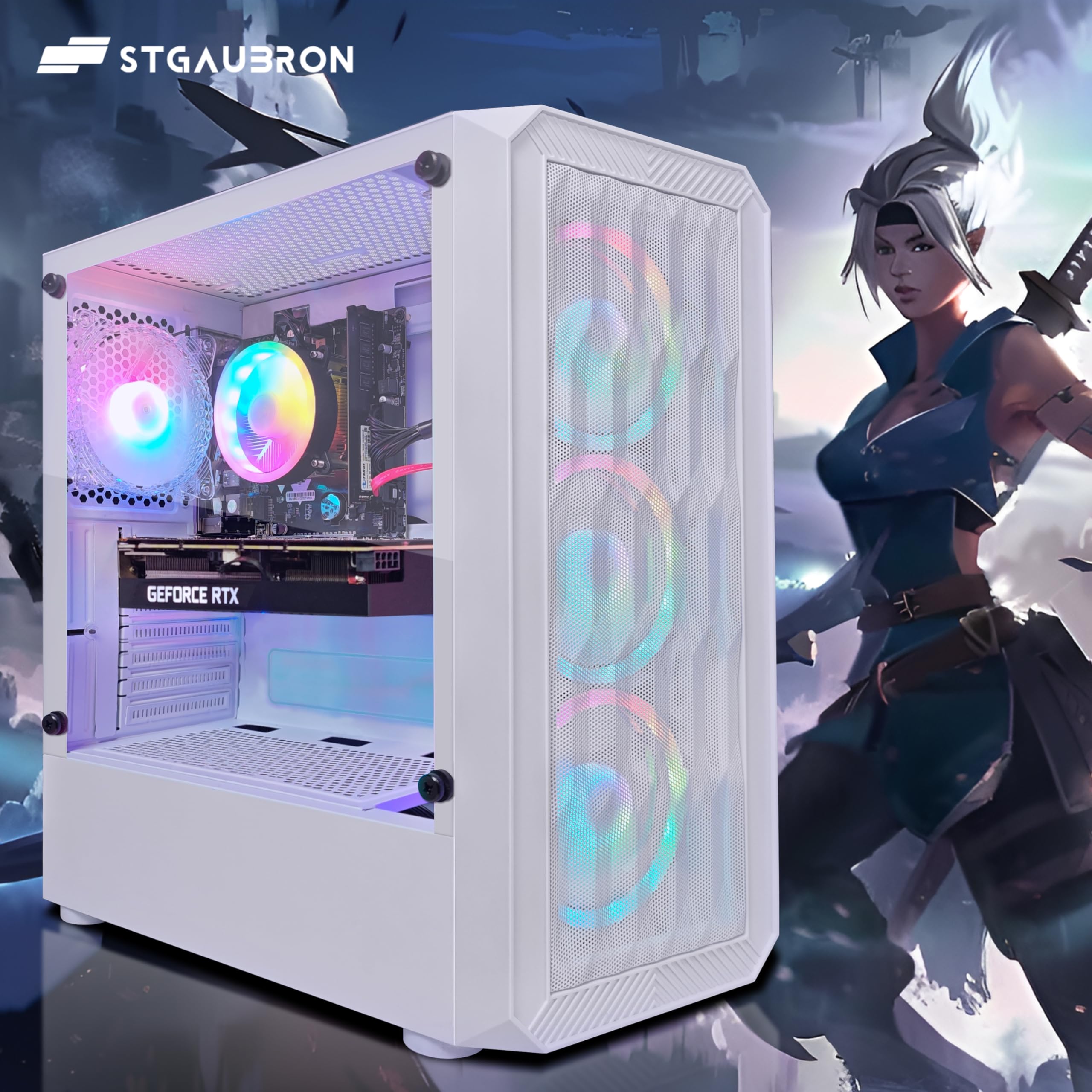 STGAubron Gaming Desktop PC, Intel Core i7-6700 up to 4.0G, 32G DDR4, 1T SSD, GeForce RTX 3060 Ti 8G GDDR6, 600M WiFi, BT 5.0, RGB Fan x 4, RGB Keyboard & Mouse & Mouse Pad, RGB BT Sound Bar, W10H64