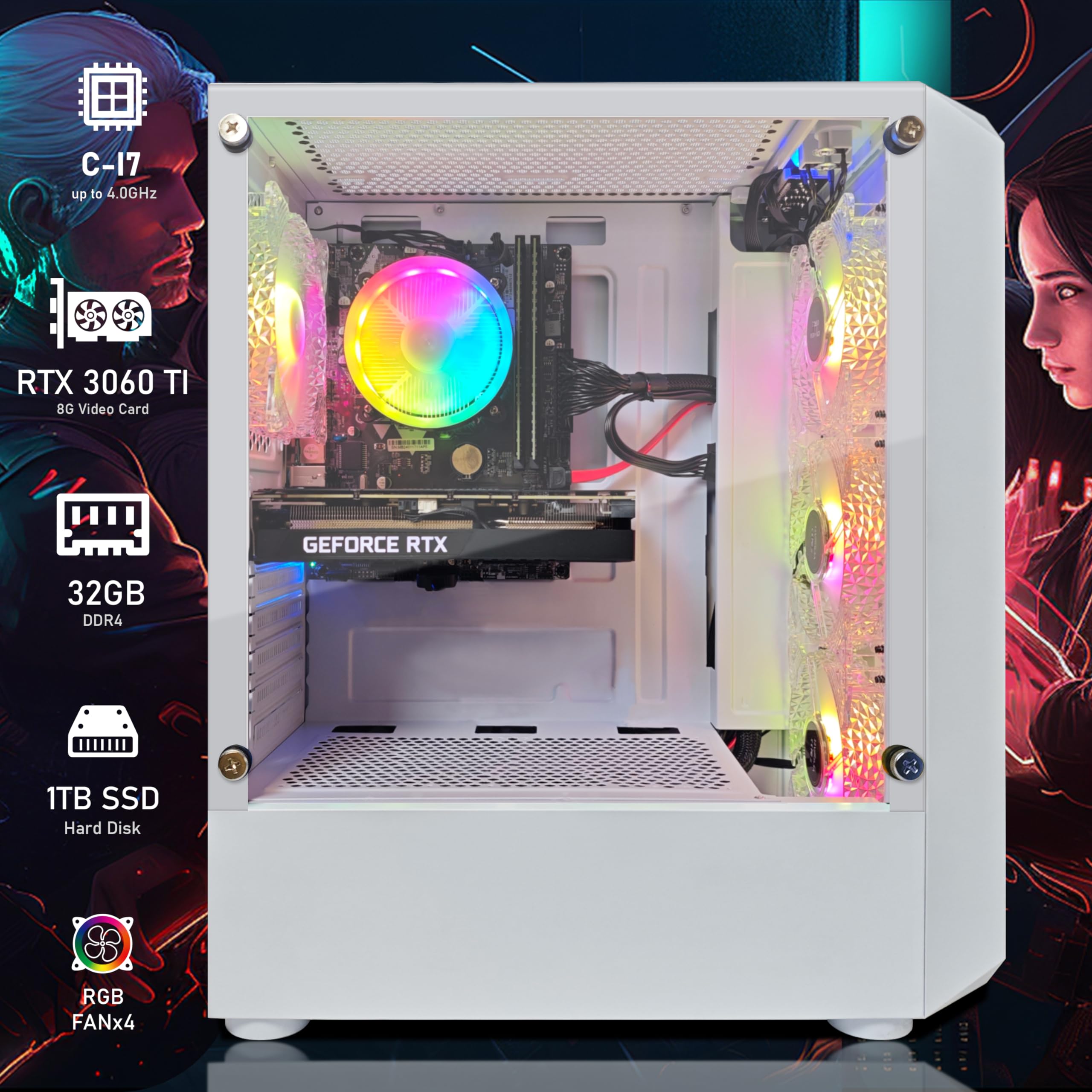 STGAubron Gaming Desktop PC, Intel Core i7-6700 up to 4.0G, 32G DDR4, 1T SSD, GeForce RTX 3060 Ti 8G GDDR6, 600M WiFi, BT 5.0, RGB Fan x 4, RGB Keyboard & Mouse & Mouse Pad, RGB BT Sound Bar, W10H64