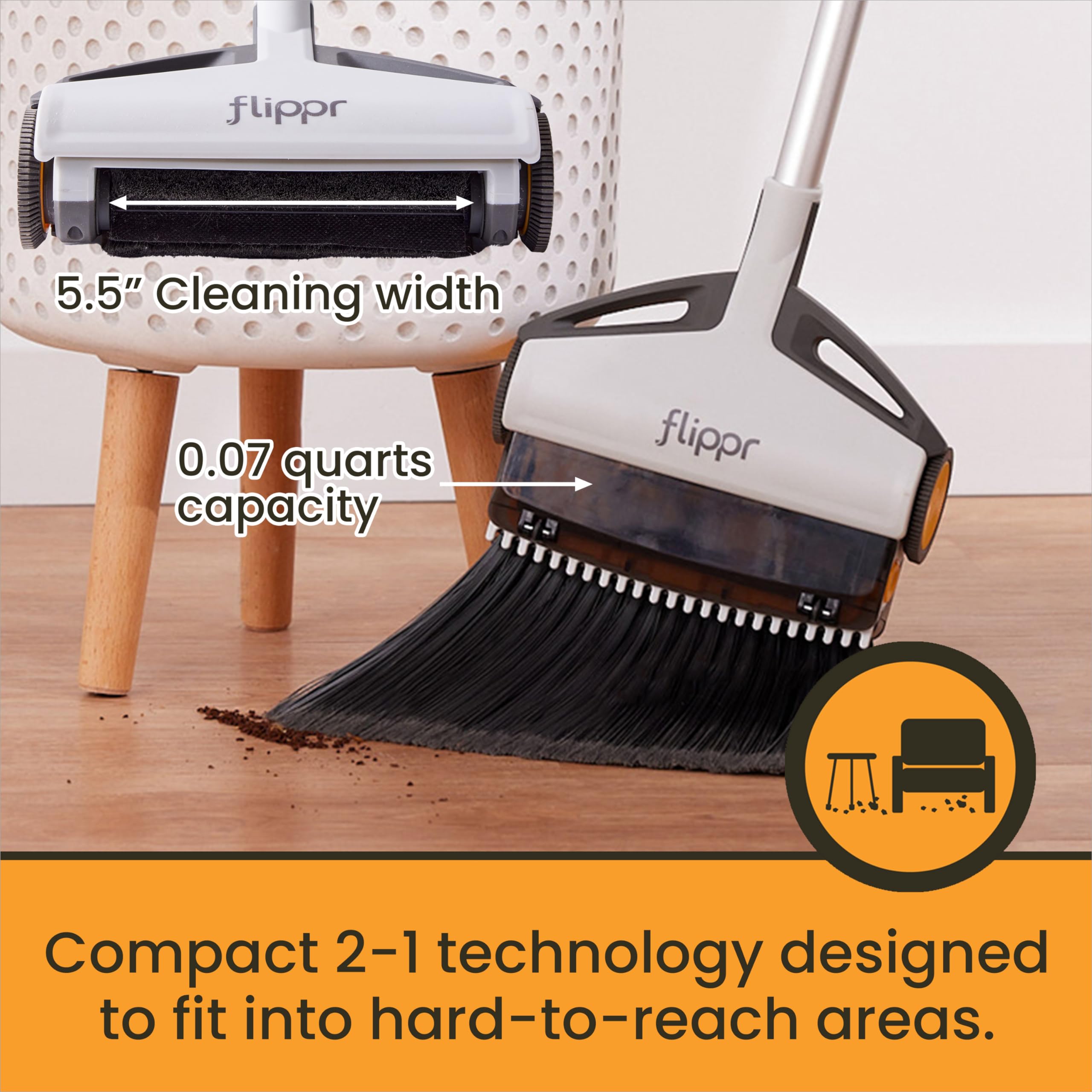 Flippr Sweeper Broom with Integrated Dustpan – Flip Between Broom and Sweeper – One Convenient Tool for Quick Cleanups - No Bending Down, Lightweight, No Noise