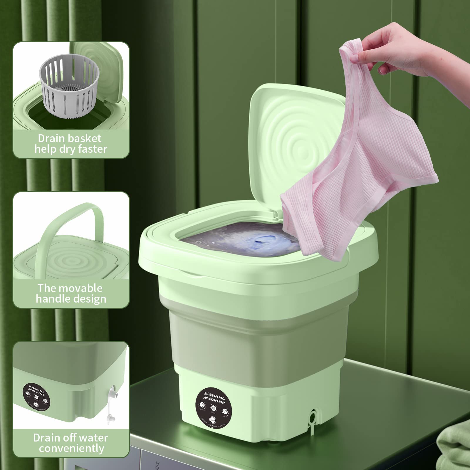 Portable Washing Machine,8L Foldable Mini Washing Machine,FOVXYVO Portable Washer for Underwear,Socks,Baby Clothes,Towels,Pet Items,Apartment,Hotel,RV,Home,Dormitory,Camping,Sickroom,Green