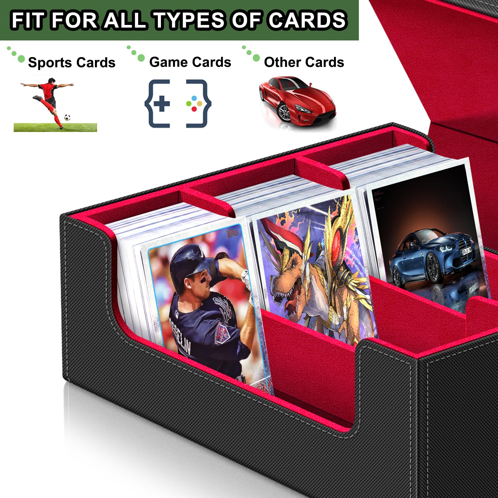 Card Deck Case for Trading Cards，Card Storage Box Holds 1800+ Single Sleeved Cards,PU Leather Magnetic Closure Commander Card Boxes Magic Card Holders Fit for Game Cards and Sport Cards (Black&Red)