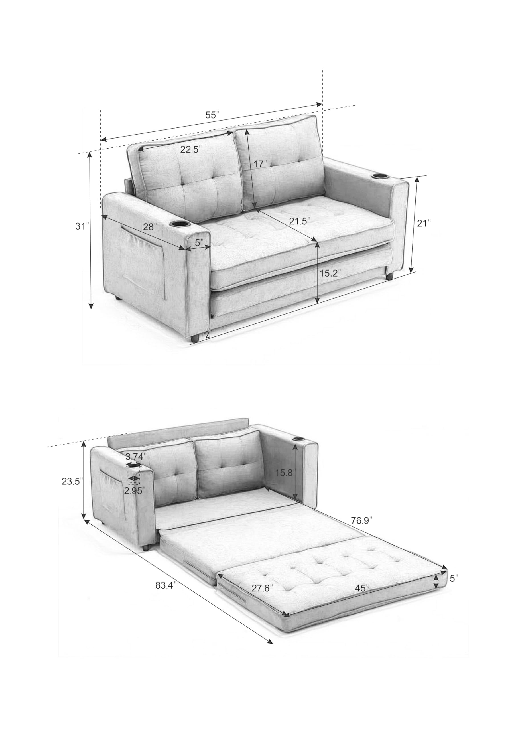 UFINEGO Folding Sleeper Sofa Bed with Cup Holder, Loveseat Pull-Out Sofa Bed with Side Pocket, Sleeper Sofa Couch Futon Convertible Guest Beds