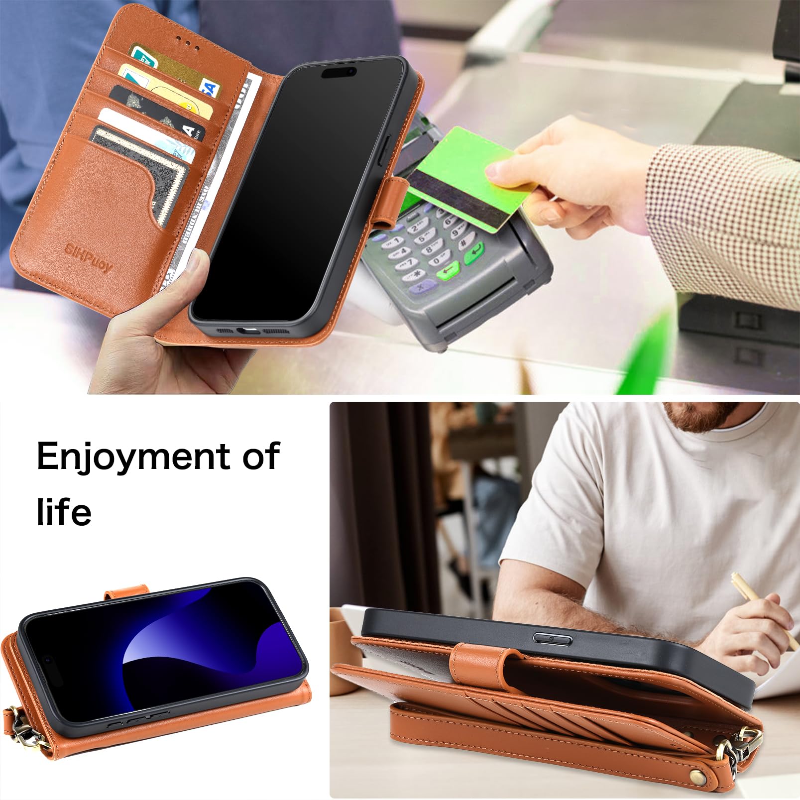 SiHPuoy Genuine Leather for Apple iPhone 15 Pro Wallet Case with Card Holder Kickstand, Phone Accessories for Woman Men, 2 pcs Screen Protector 2 pcs Camera Lens Cover, Brown