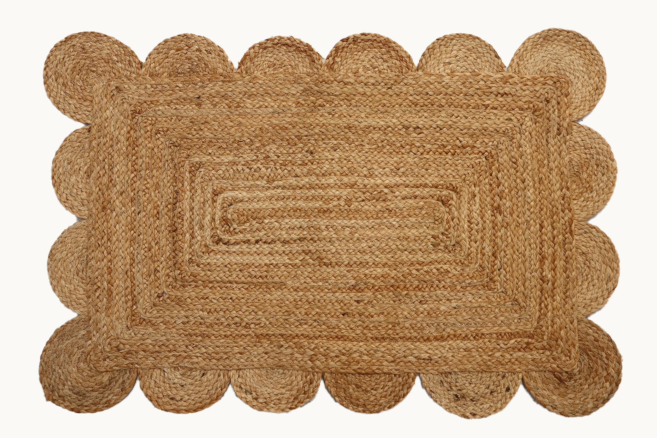 Scalloped Natural Jute Rug 24"X36" Braided jute mat | MagicFold Multipurpose indoor/outdoor doormat, accent rug, kitchen rug, Bath mat | Unique scallop Edge with slim profile (Natural, 2'X3')