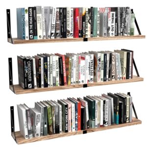 floating book shelves for wall set of 3, wall bookshelf, 33 inch long wood shelf for wall storage, hanging shelving for bedroom, bathroom, living room, kitchen, office and plants (carbonized black)