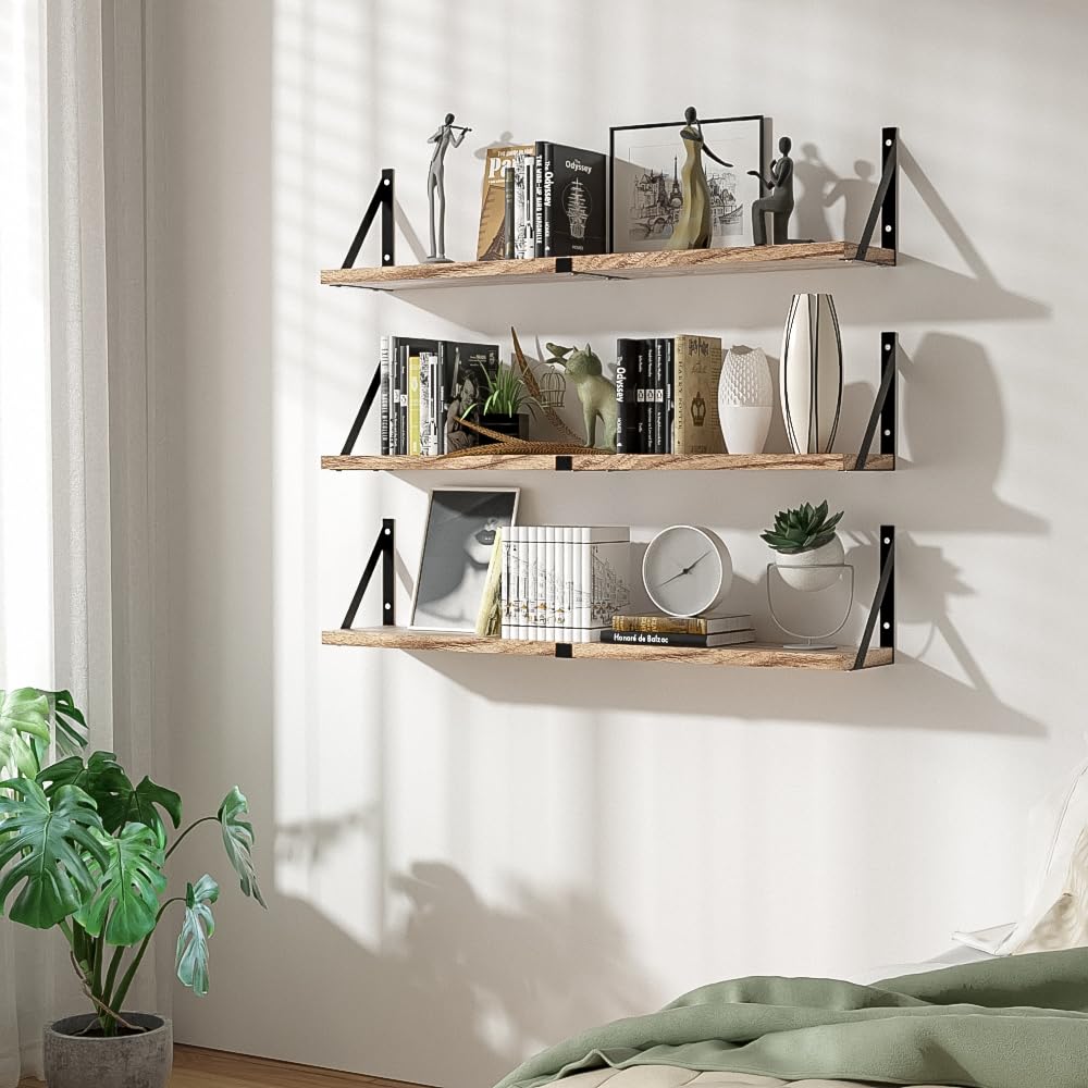 Floating Book Shelves for Wall Set of 3, Wall Bookshelf, 33 inch Long Wood Shelf for Wall Storage, Hanging Shelving for Bedroom, Bathroom, Living Room, Kitchen, Office and Plants (Carbonized Black)