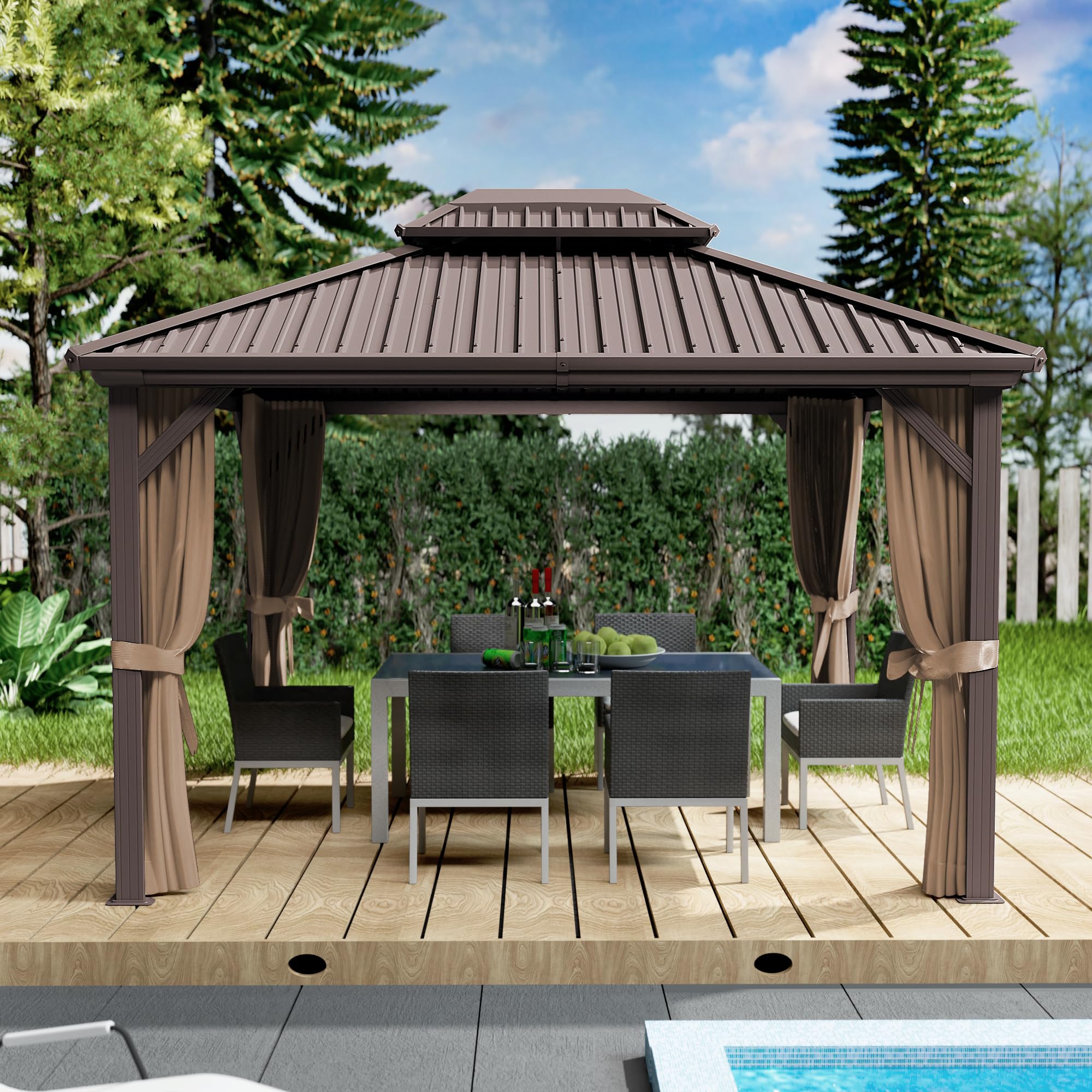 Kozyard 10'x12' Hardtop Gazebo - Permanent Metal Pavilion with Netting and Shaded Curtains for Patio, Backyard, and Deck - Galvanized Steel Outdoor Aluminum Canopy, Double Roof Gazebo (Brown)