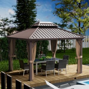 Kozyard 10'x12' Hardtop Gazebo - Permanent Metal Pavilion with Netting and Shaded Curtains for Patio, Backyard, and Deck - Galvanized Steel Outdoor Aluminum Canopy, Double Roof Gazebo (Brown)