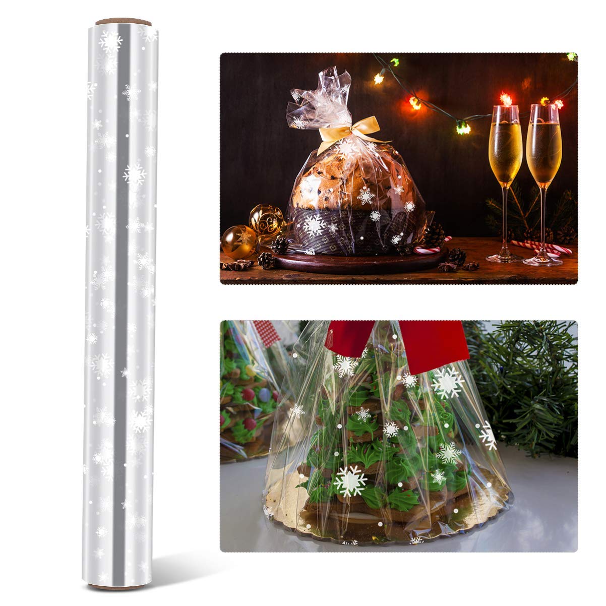 Choisyin Christmas Cellophane Wrap Roll,Clear Wrapping Paper Snowflake Plastic Paper Wrapper Large Transparent Wrapping Paper Wrap Film for Gift Basket Flower Food Christmas Decoration 16 inch x100 Ft