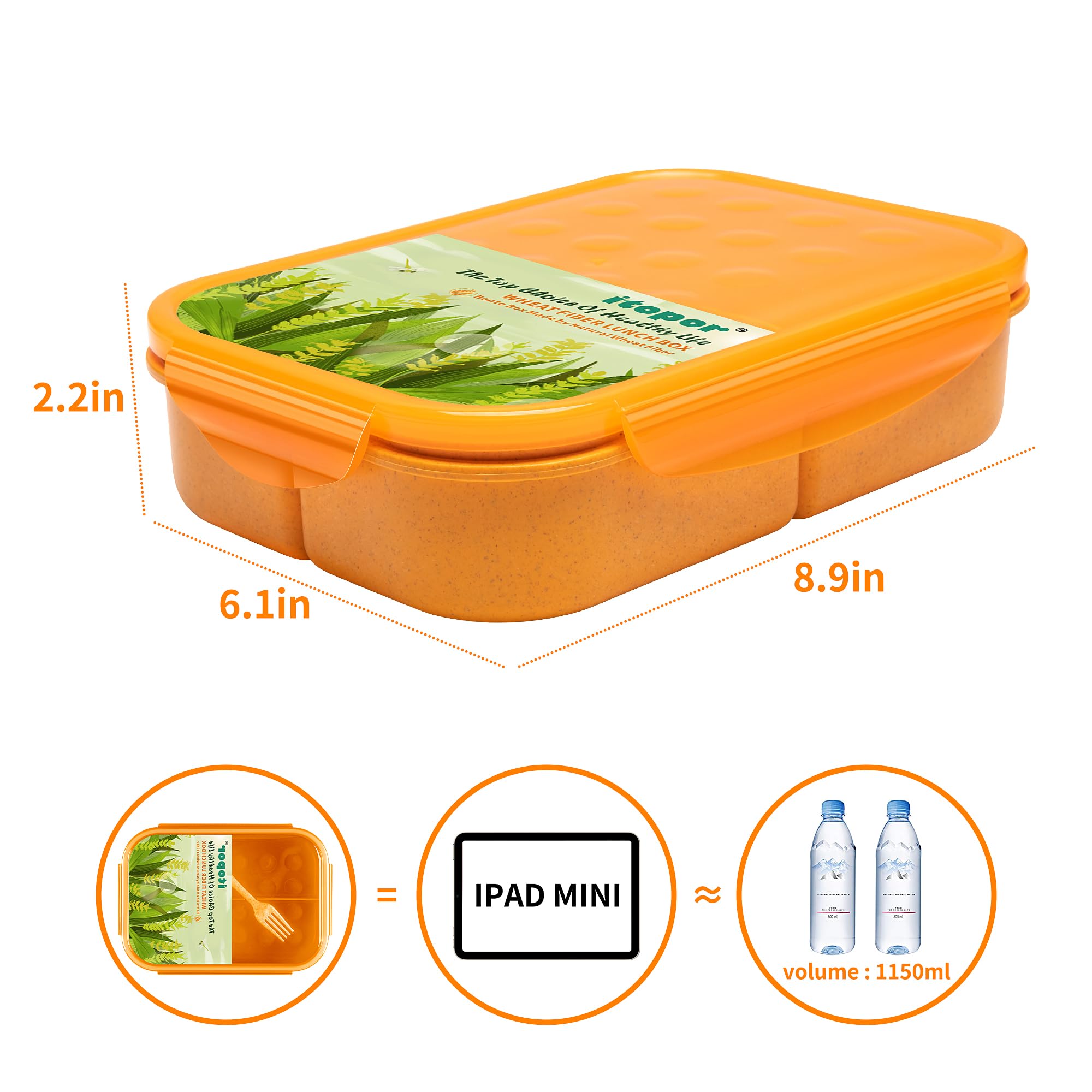 Itopor® Lunch Box,Ideal Leak-Proof Bento Box for Kids & Adults,Natural Wheat Fiber Material,Mom's Eco-Friendly Choice,Kids Lunch Box No BPA & Dyes,Healthy Food-Safe Lunch Container for Family(Orange)