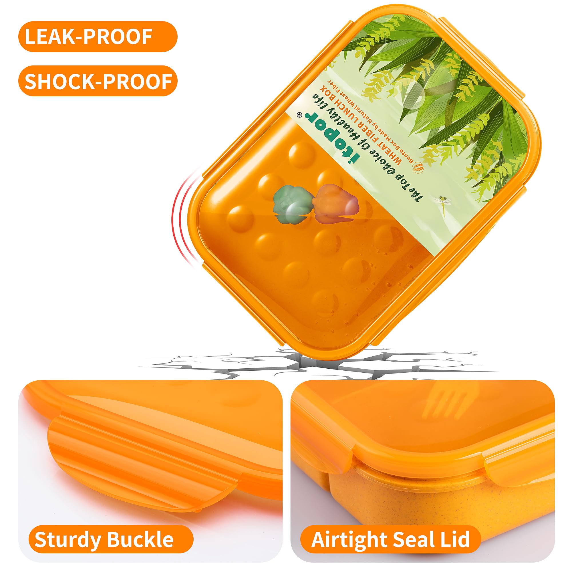 Itopor® Lunch Box,Ideal Leak-Proof Bento Box for Kids & Adults,Natural Wheat Fiber Material,Mom's Eco-Friendly Choice,Kids Lunch Box No BPA & Dyes,Healthy Food-Safe Lunch Container for Family(Orange)