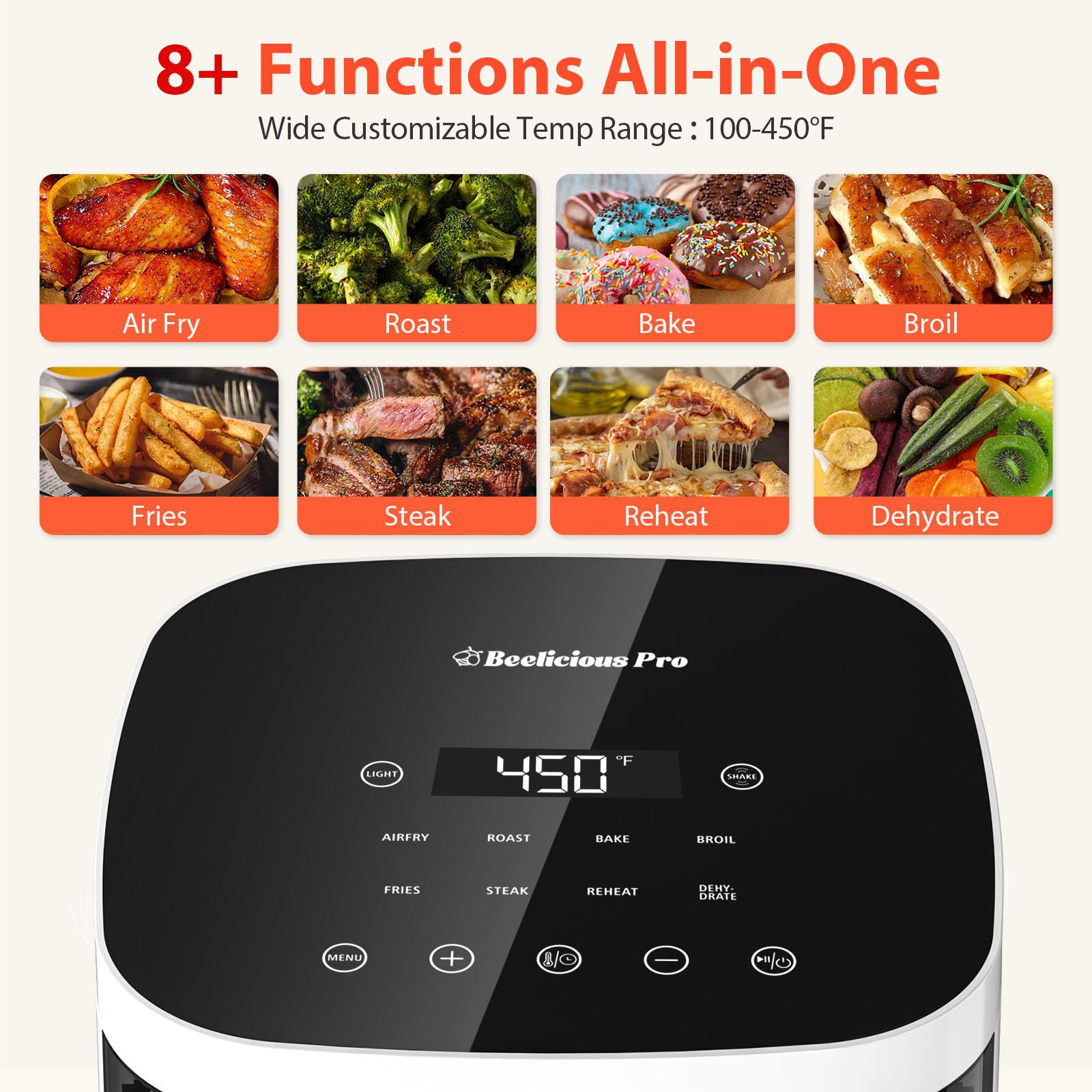 Air Fryer,Beelicious® 8-in-1 Smart Compact 4QT Air Fryers,with Viewing Window,Shake Reminder,450°F Digital Airfryer with Flavor-Lock Tech,Dishwasher-Safe & Nonstick,Fit for 1-3 People,White