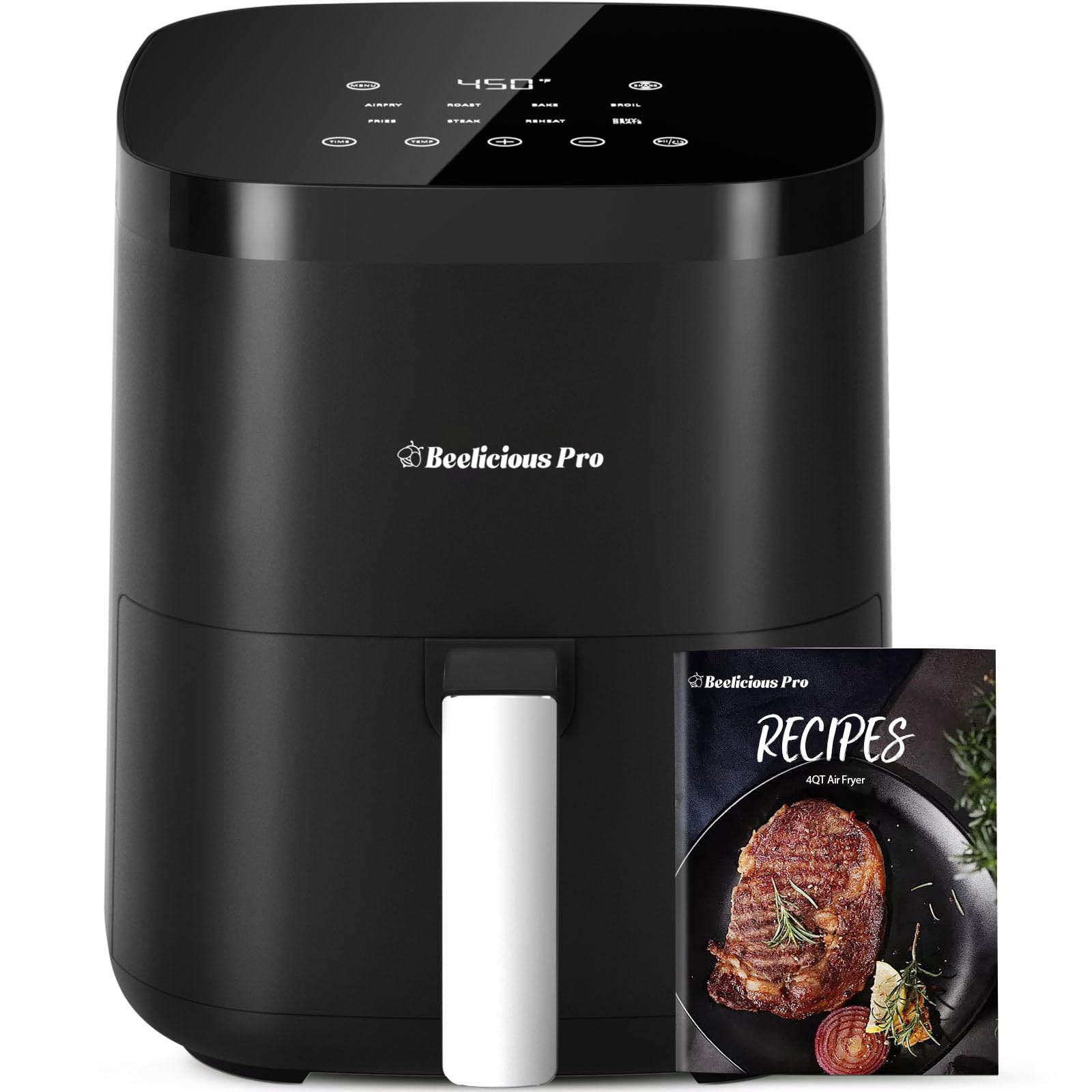 Air Fryer,Beelicious® 8-in-1 Smart Compact 4QT Air Fryers,Shake Reminder,450°F Digital Airfryer with Flavor-Lock Tech,Tempered Glass Display,Dishwasher-Safe & Nonstick,Fit for 1-3 People,Black