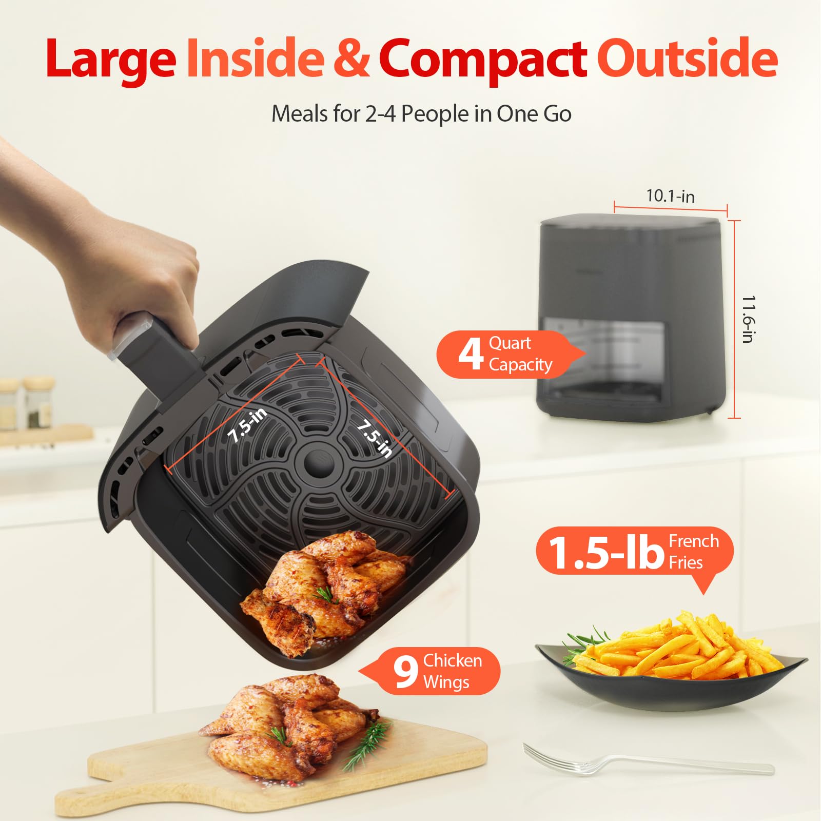 Air Fryer,Beelicious® 8-in-1 Smart Compact 4QT Air Fryers,Shake Reminder,450°F Digital Airfryer with Flavor-Lock Tech,Tempered Glass Display,Dishwasher-Safe & Nonstick,Fit for 1-3 People,Black