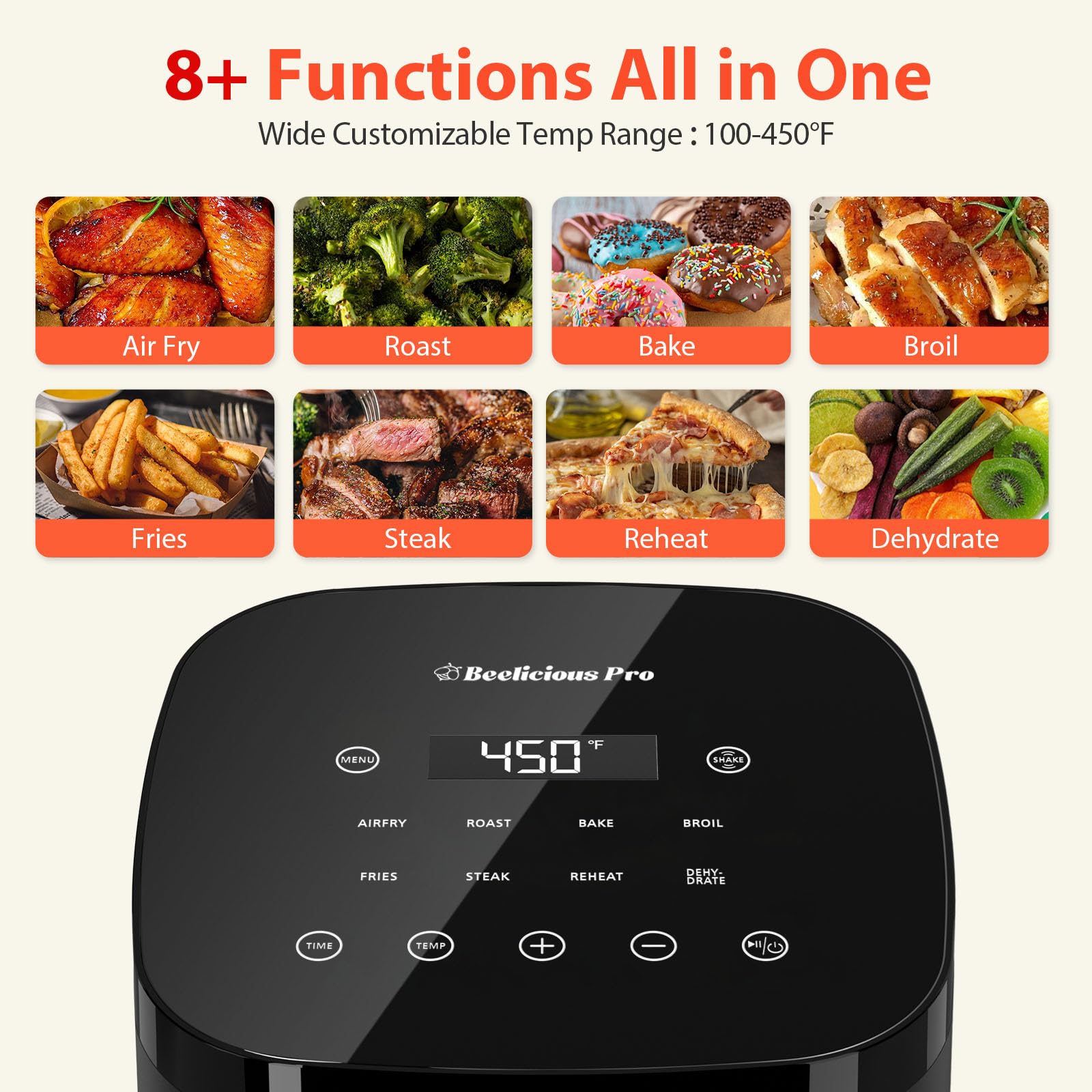 Air Fryer,Beelicious® 8-in-1 Smart Compact 4QT Air Fryers,Shake Reminder,450°F Digital Airfryer with Flavor-Lock Tech,Tempered Glass Display,Dishwasher-Safe & Nonstick,Fit for 1-3 People,Black