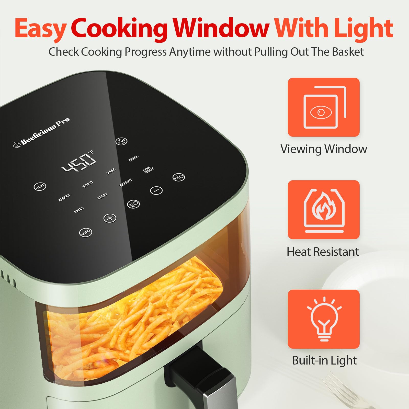 Air Fryer,Beelicious® 8-In-One Smart Compact 4QT Air Fryers,with Viewing Window,Shake Reminder,450°F Digital Airfryer with Flavor-Lock Tech,Dishwasher-Safe & Nonstick,Fit for 1-3 People,Avo Green